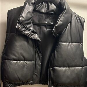 Zara Black Faux Leather Cropped Puffer Vest
